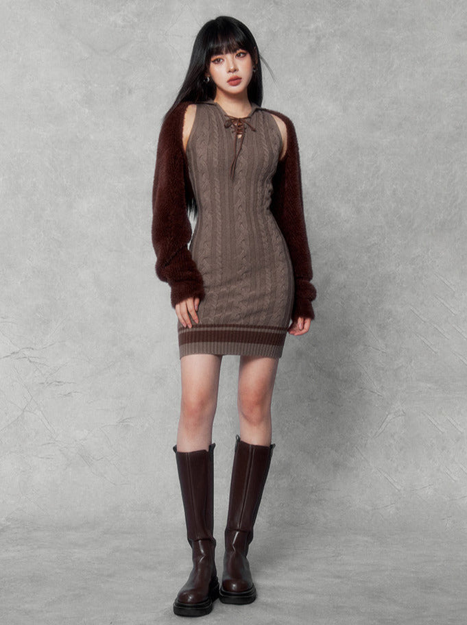 Pure Desire Girly Atmosphere Fur Knit Short Cardigan & Twist Knit Dress Two-piece Suit