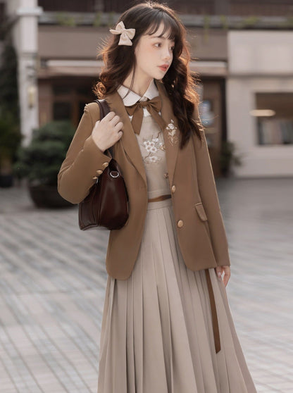 College Style Jacket + Suspender Skirt + Ribbon Blouse