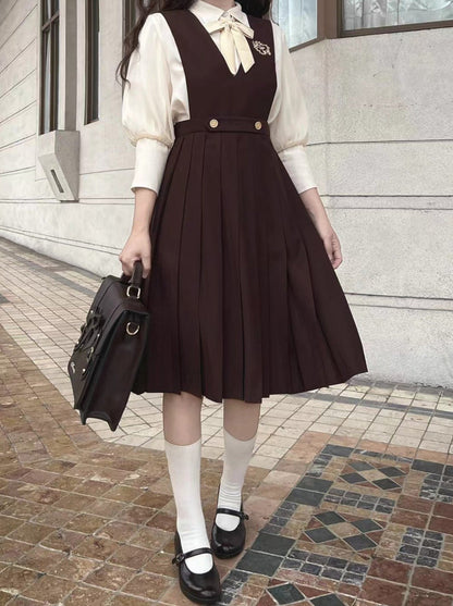 College Style Cream Chiffon Inner Shirt + V Neck Vest Skirt + Ribbon Accessories [pre-order]