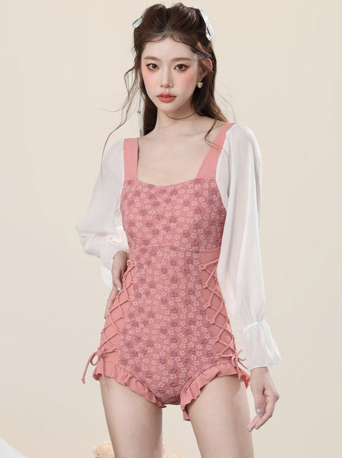 Salmon Pink Square Neckline Swimsuit