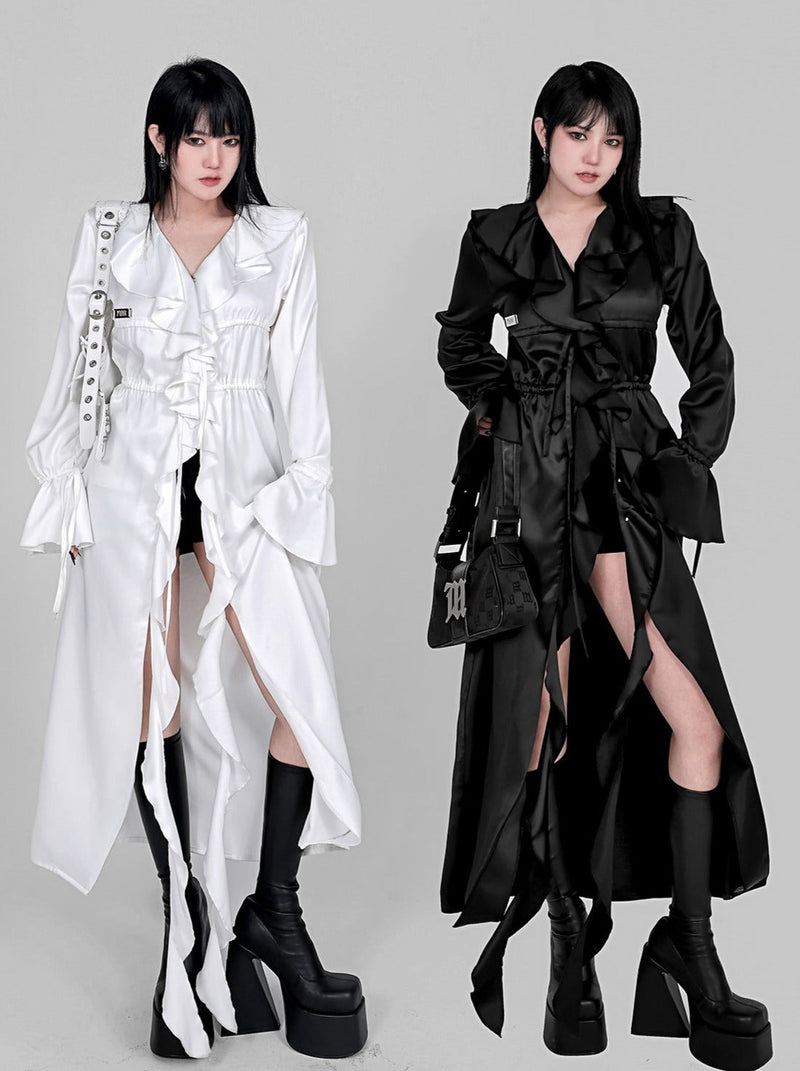 Cool Ruffle Tassel Drawstring Long Shirt Dress