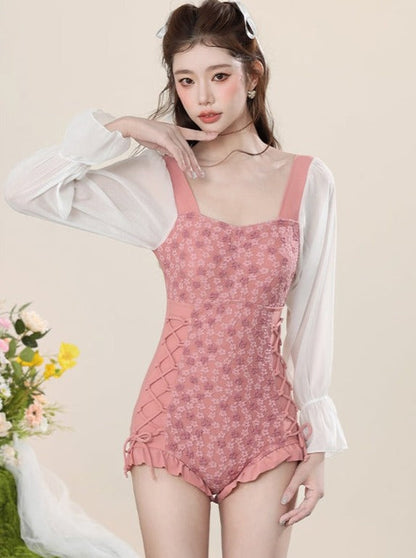 Salmon Pink Square Neckline Swimsuit