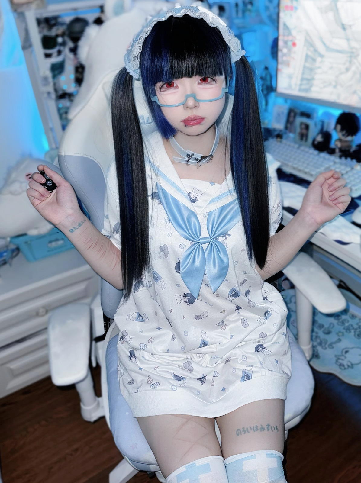 Sailor Aqua Blue Necktie Badge Print Dress