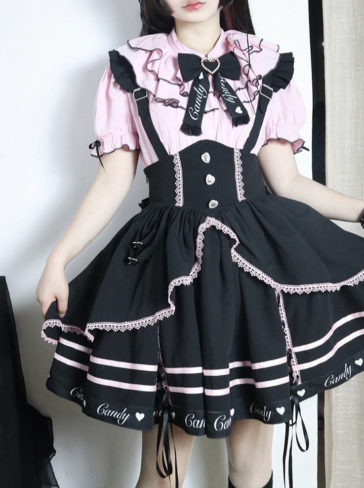 Berry Fleur Sweet Girl Blouse Black Pink Suspender Dress Set