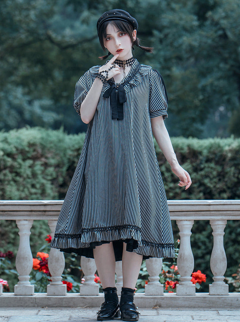 Steam Continental Retro Stripe Puff Sleeve Dark Gothic Dress