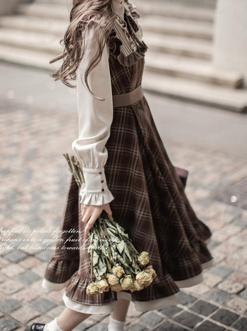 Retro Brown Plaid Volume Sleeveless Layered Dress + Pearl Ribbon Accessory + Classic Belt Coat [pre-order]