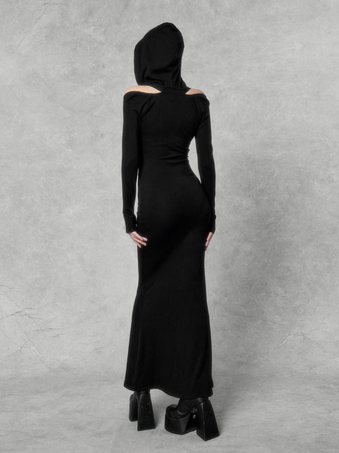 Dark Square Halter Neck Off-shoulder Hooded Dress