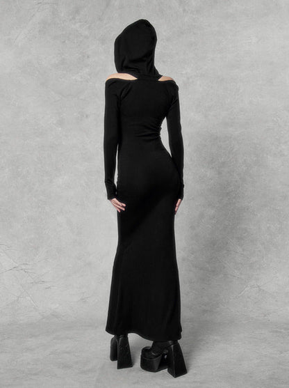 Dark Square Halter Neck Off-shoulder Hooded Dress
