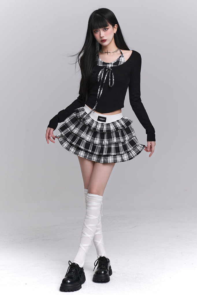 Plaid Top + Short Puff Skirt