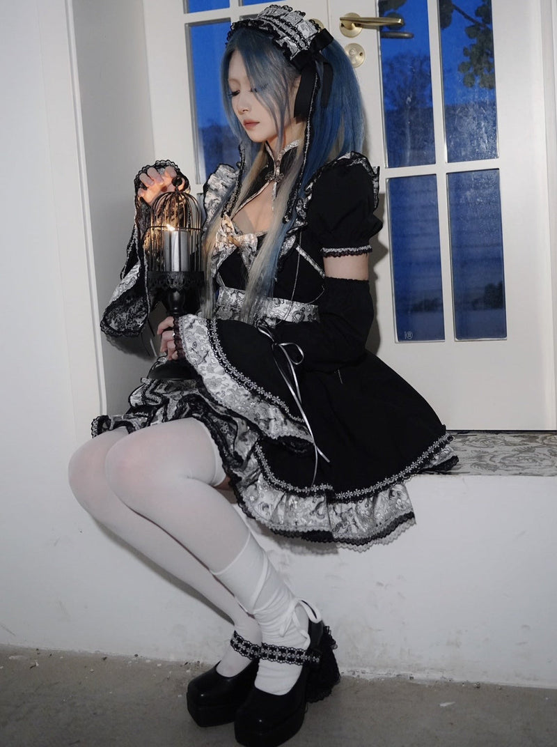 Silver Dragon Maid Gothic Dress + Apron + Arm Cover