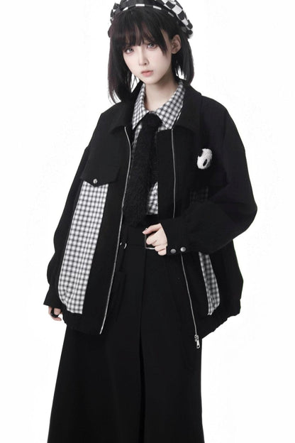 Striped Fleece Jacket Pocket Trouser Set