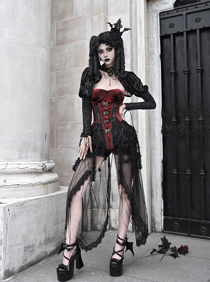 Hell Alice Gothic Dark Fishbone Strap Corset Tulle Dress Set