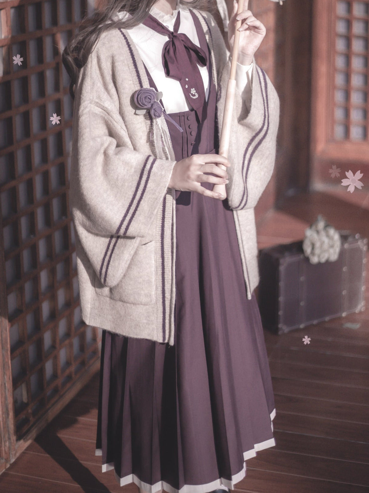 Retro Japanese-style Sleeve Knit Cardigan + Ruffle Stand Collar Shirt + Vest Dress + Ribbon + Corsage