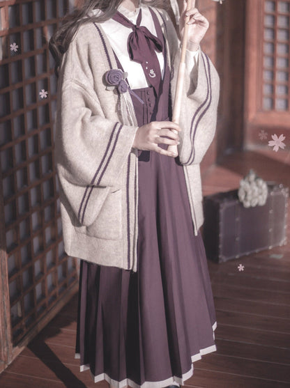 Retro Japanese-style Sleeve Knit Cardigan + Ruffle Stand Collar Shirt + Vest Dress + Ribbon + Corsage
