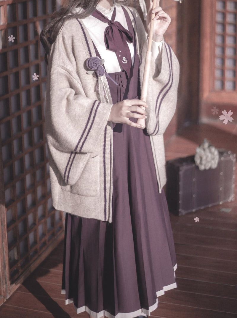 Retro Japanese-style Sleeve Knit Cardigan + Ruffle Stand Collar Shirt + Vest Dress + Ribbon + Corsage