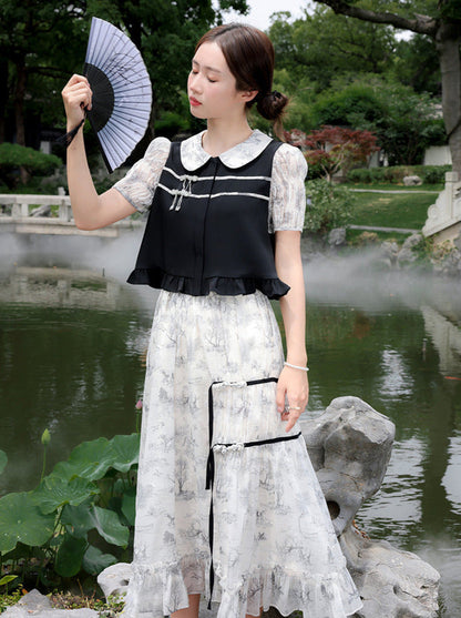 Doll Collar Sheer Puff Sleeve Print Chinese-style Top & Asymmetric Skirt Set