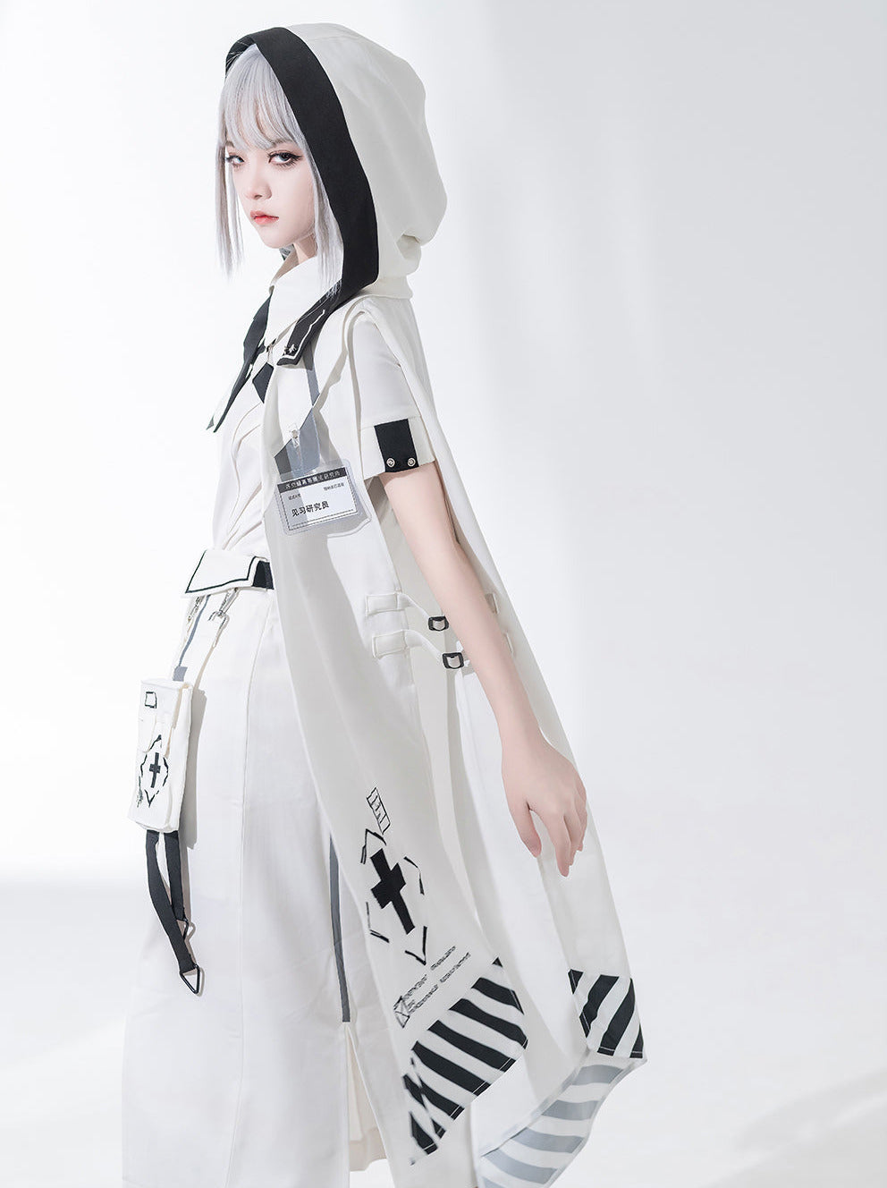 A Line Skirt Design Cape Suit [hoodie Cape + Shirt + Skirt + One Shoulder Cape]