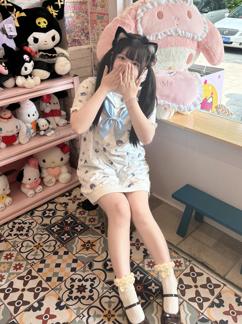 Sailor Aqua Blue Necktie Badge Print Dress