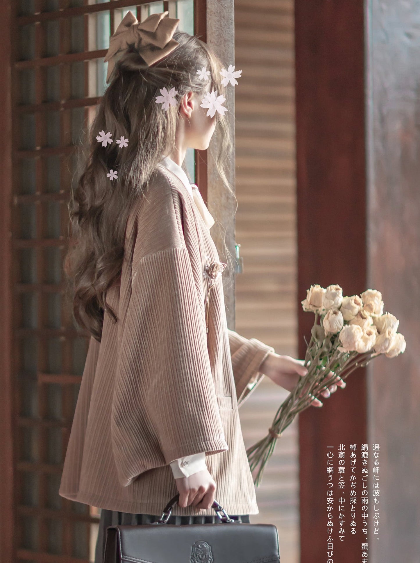 Sakura Note Showa Retro Haori Jacket + Chiffon Ribbon Shirt + Checkered Skirt + Dark Gray Skirt + Brooch
