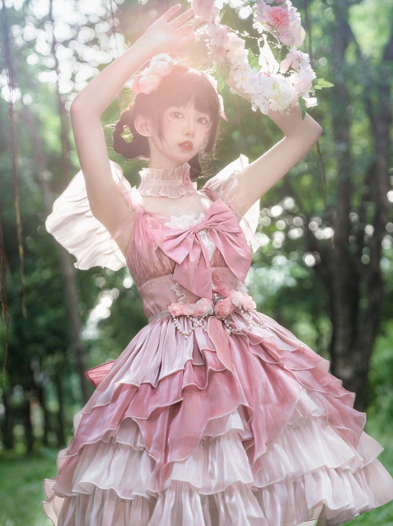 Sweet Pink Ribbon Wedding Lolita Dress + Waist Chain + Tail + Hair Accessory + Accessory