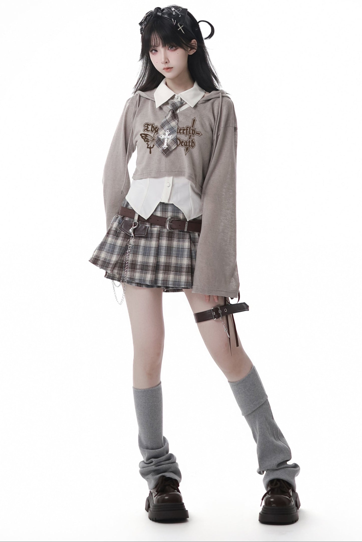 Y2k Hooded Crop Top + Sleeveless Shirt With Tie + Plaid Culottes