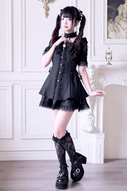 Jirai Stripe Lace Puff Sleeve Top + Short Skirt