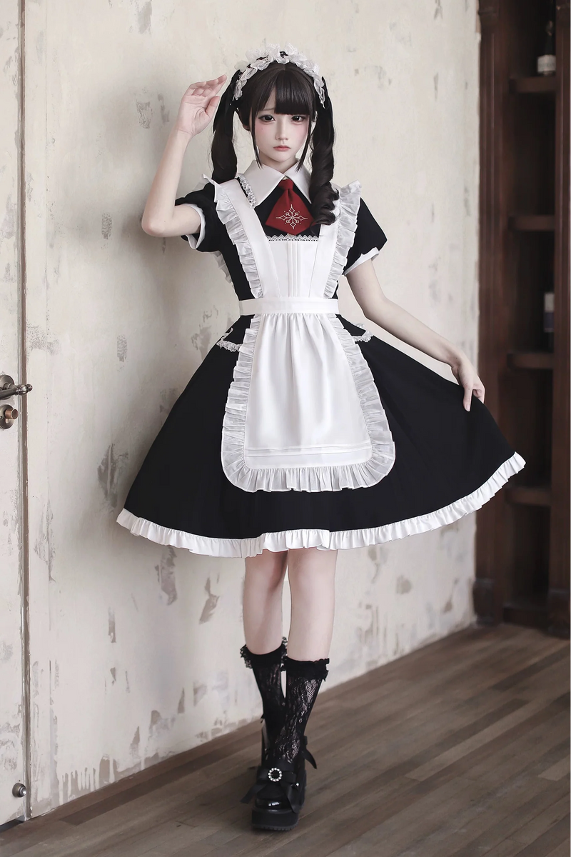 [pre-order Deadline: April 29] Black X White Gothic Lace Red Tie Collar Lolita Dress Type A/b