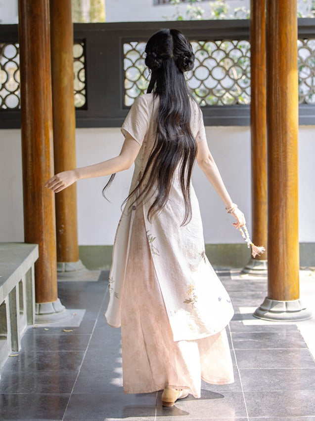 Retro Cheongsam Dress + Wide Leg Pants