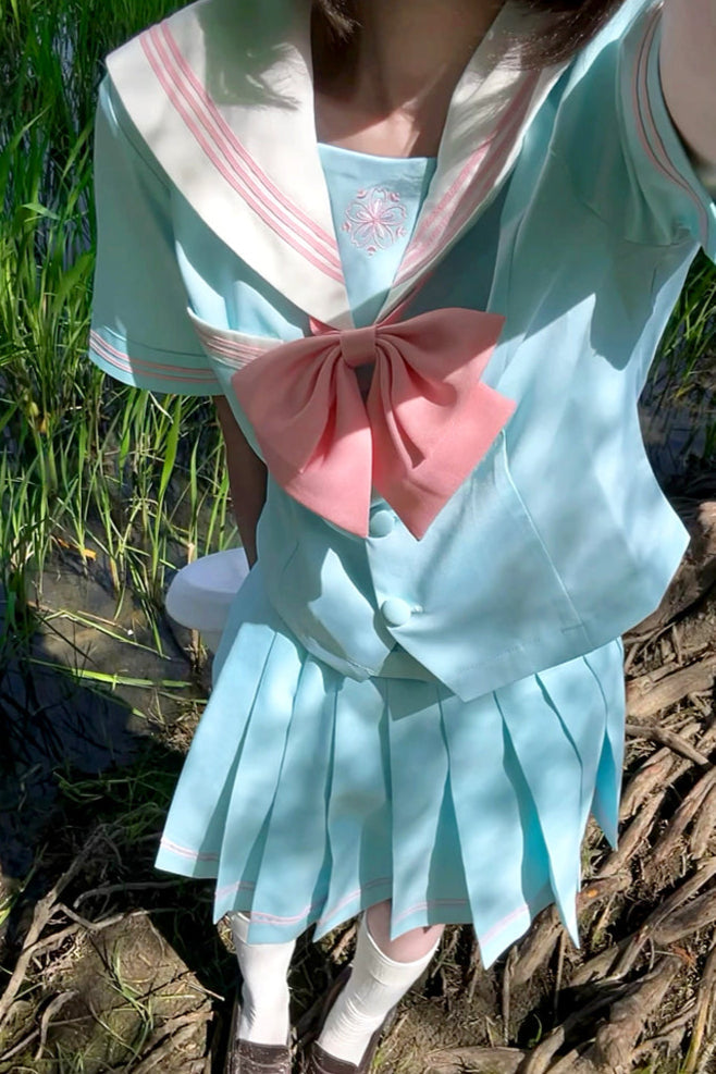 Anime Girl Light Blue Sailor Suit + Pleated Skirt