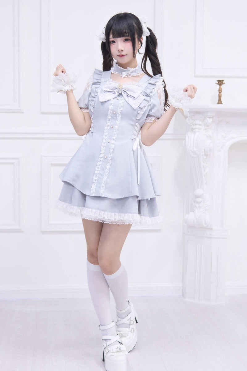 Jirai Stripe Lace Puff Sleeve Top + Short Skirt