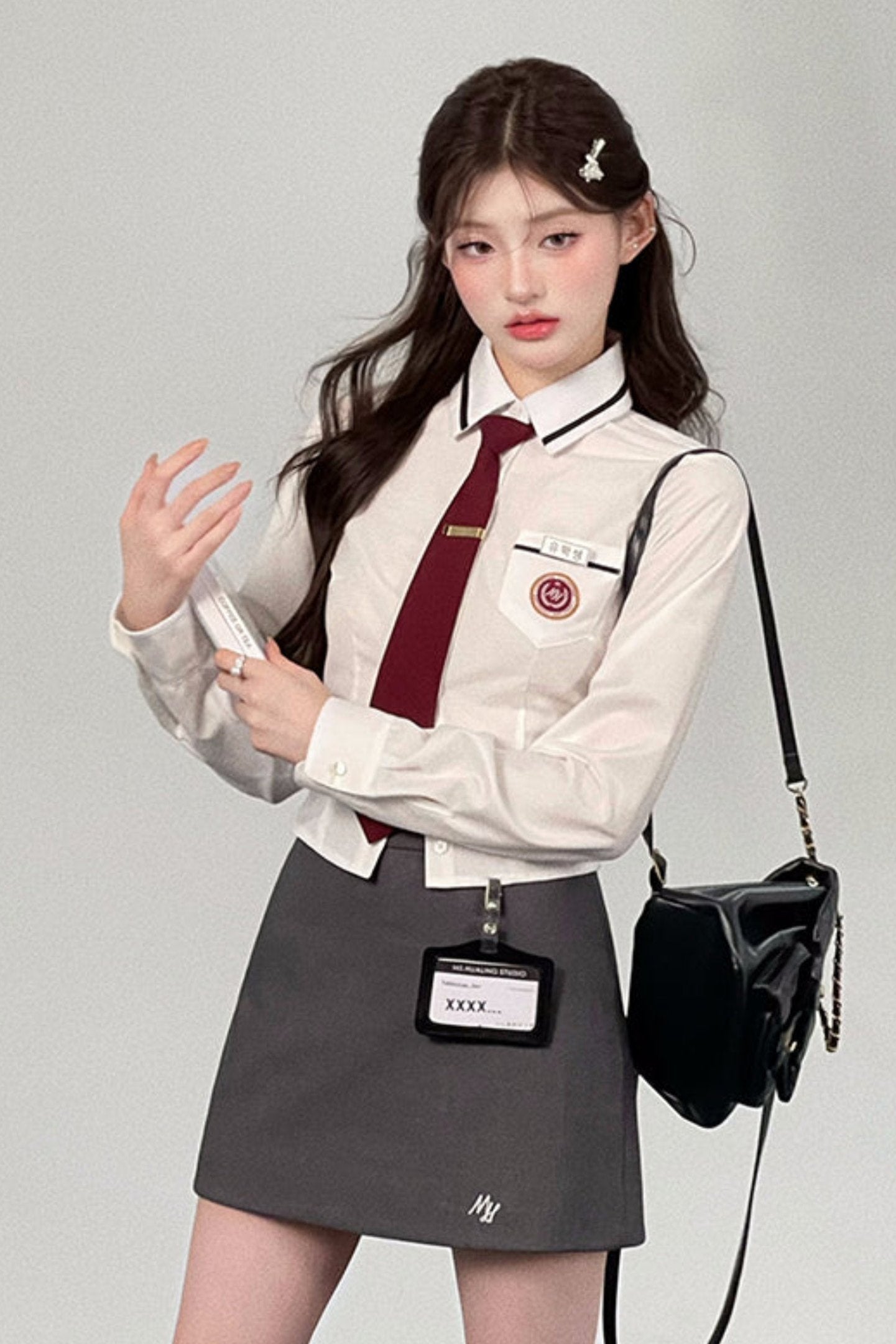 Korean White Waist Cinched Shirt + Gray Back Hip Skirt