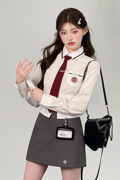 Korean White Waist Cinched Shirt + Gray Back Hip Skirt
