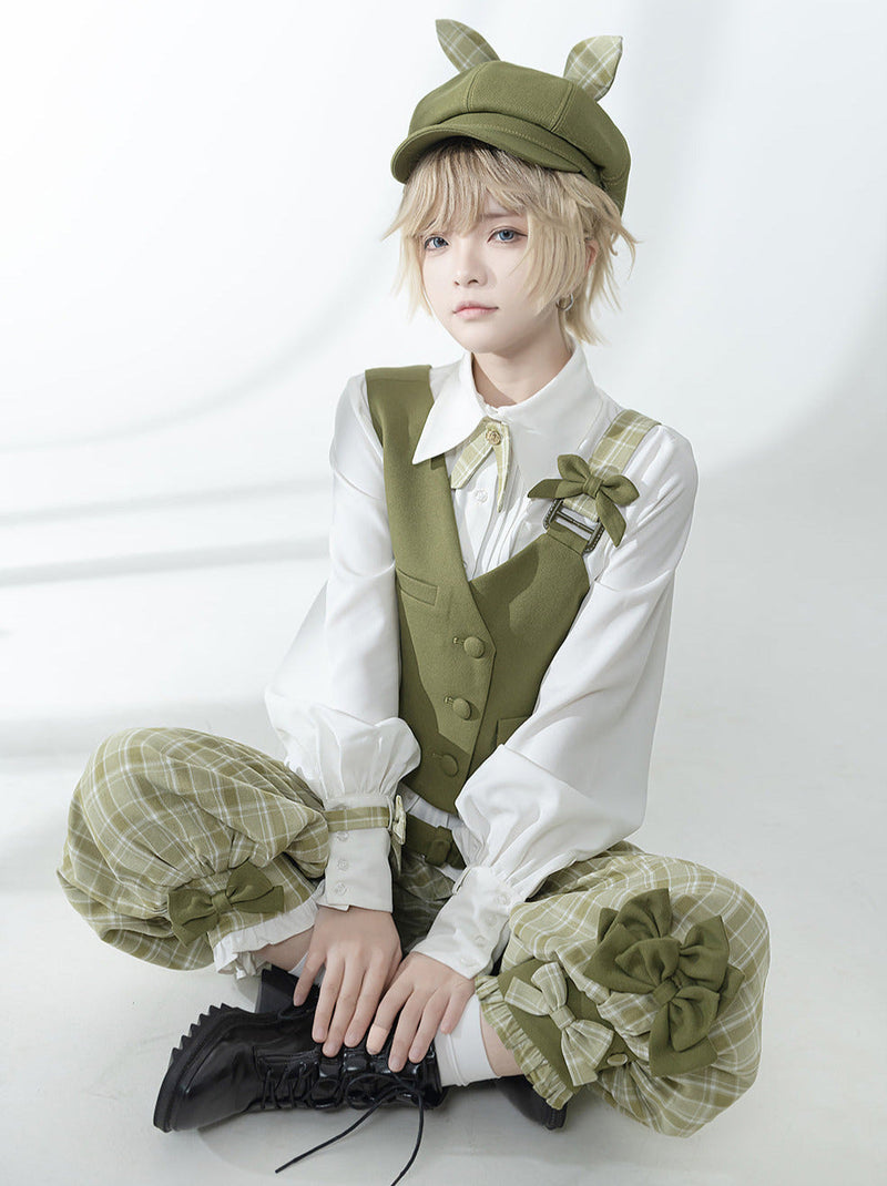 Secret Morning Post Green Tea Color Retro Sweet Cool Vest Shirt Cropped Pants