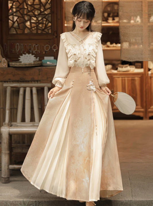 Chinese-style Lace Ruffled Blouse + Pleated Slit Long Skirt