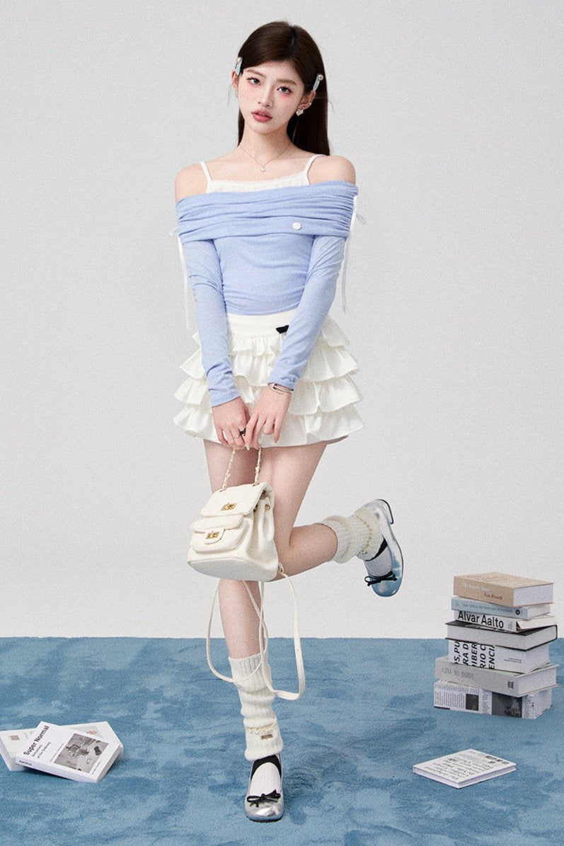 Bow One Shoulder Knit Top + Pleated Skirt + Ribbon Tiered Skirt