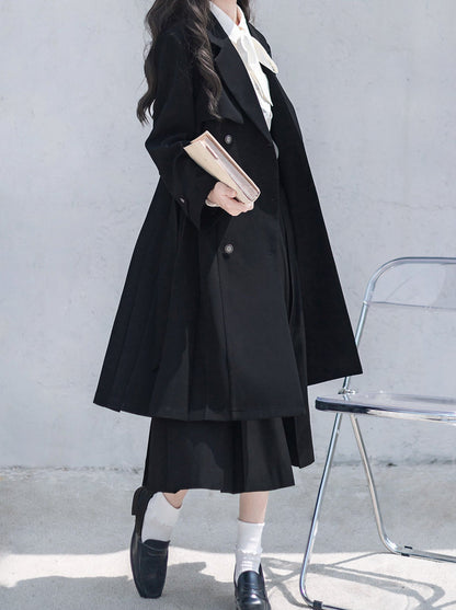 College Black Trench Coat + Metal Badge + Embroidery Ribbon Shirt + Pleated Skirt