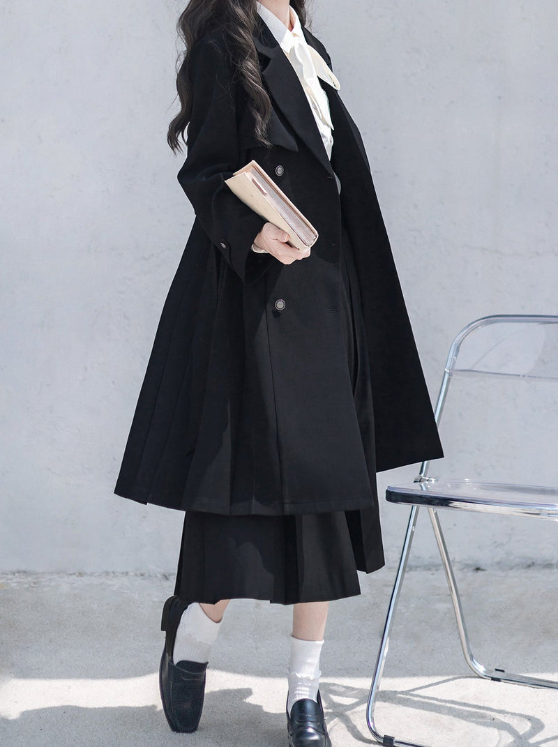 College Black Trench Coat + Metal Badge + Embroidery Ribbon Shirt + Pleated Skirt