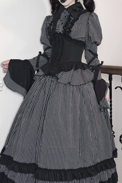 [pre-order] Dark Striped Gusset-sleeved Shirt + Corset + Skirt
