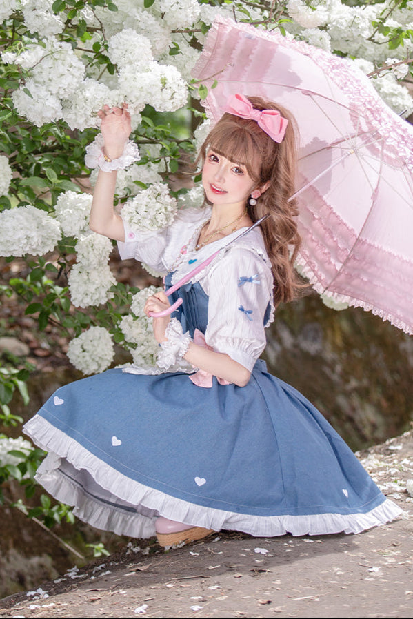 Light Raw Denim Lolita Jumper-skirt + Doll Innerwear + Apron