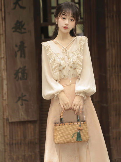 Chinese-style Lace Ruffled Blouse + Pleated Slit Long Skirt