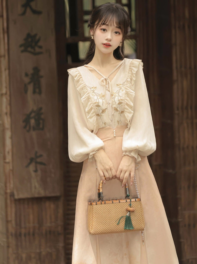Chinese-style Lace Ruffled Blouse + Pleated Slit Long Skirt