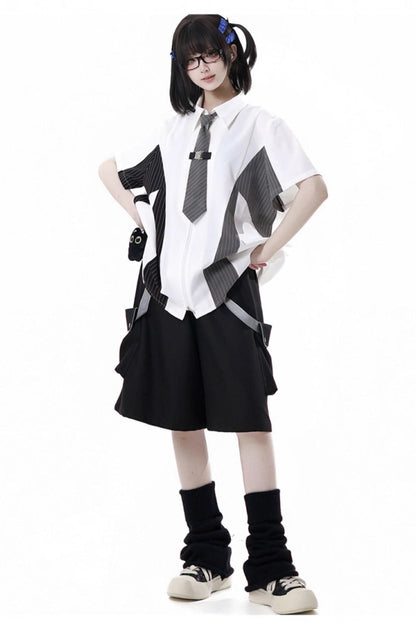 Stripe Stitch Design Shirt + Hooded Shirt + Shorts + Culottes + Tie