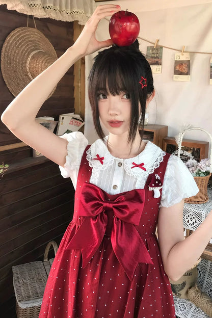 Ribbon Collar Top + Polka Dot Suspender Skirt