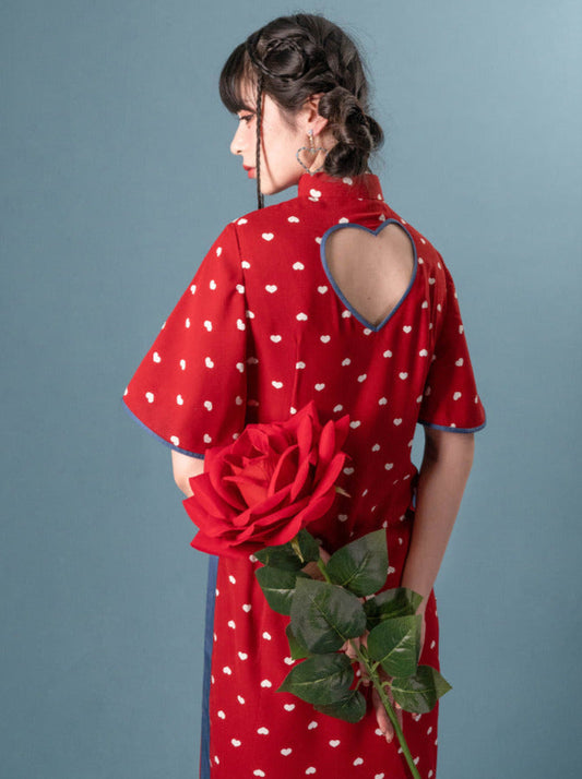Back Open Love Denim Element Stand Collar Cheongsam Dress