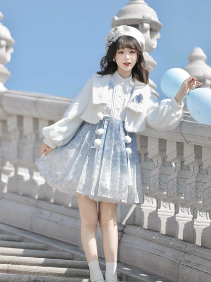 Ice Blue Chinese-style Dress + Fur Short Coat