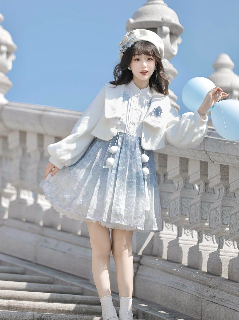 Ice Blue Chinese-style Dress + Fur Short Coat