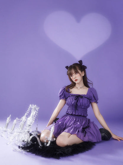 Chiffon Waist Square Collar Puff Sleeve Princess Set