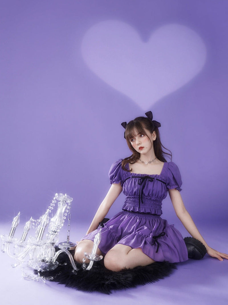 Chiffon Waist Square Collar Puff Sleeve Princess Set