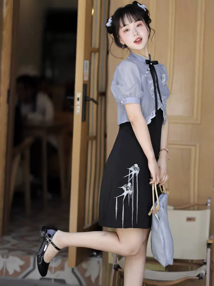 Sheer Short Chinese-style Shirt + Suspender Dress [short / Long] + Bag