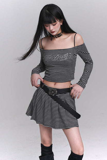Striped Off-shoulder Top + Short Skirt